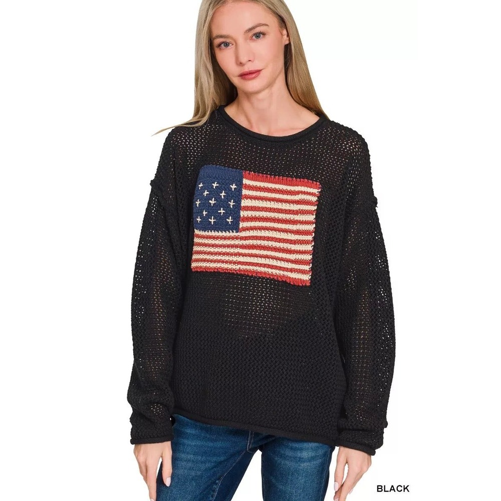 Zenana Women Black Open Knit American Flag Patch Sweater Small Patriotic Relaxed